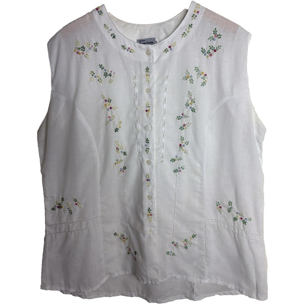 Floral Embroidered Pointelle Button Up Top Womens XL White Feminine Cottage